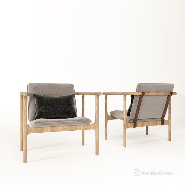 Modern Leisure Chair With Wooden Frame Armrests Gray Cushion And Dark Pillow 3d model 