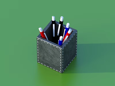 Gray Square Pencil Holder With Red Blue Black White Pens On Green Background 3d model