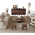 Modern Living Room Sofa and Coffee Table Set with Beige Sofa Round Table Small Stools 3d model
