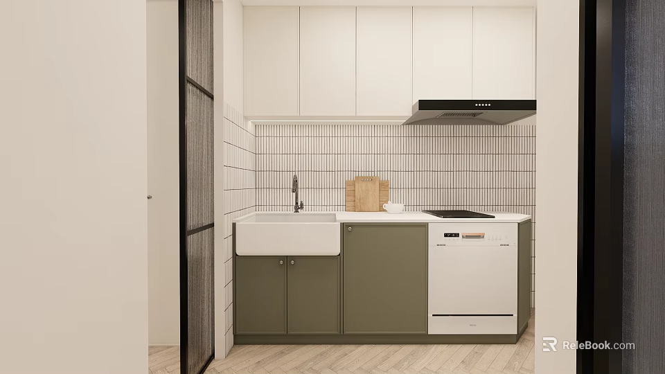 Modern Kitchen Interior With White Upper Green Lower Cabinets Sink Dishwasher And White Tiled Backsplash 3d model 