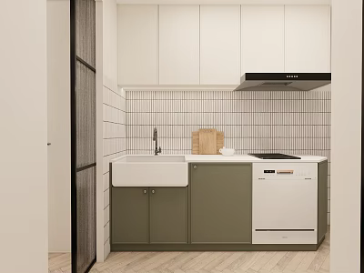 Modern Kitchen Interior With White Upper Green Lower Cabinets Sink Dishwasher And White Tiled Backsplash 3d model