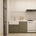 Modern Kitchen Interior With White Upper Green Lower Cabinets Sink Dishwasher And White Tiled Backsplash