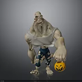 Muscular Cartoon Character In White Tank Top And Torn Blue Pants Holding Pumpkin Lantern
