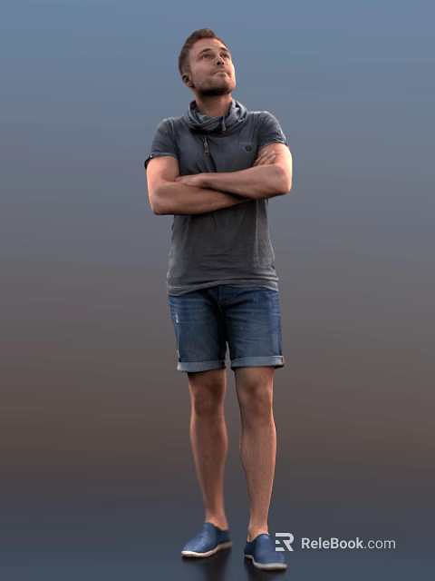Man Standing With Arms Crossed Wearing Gray T-Shirt And Denim Shorts 3d model 