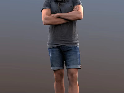 Man Standing With Arms Crossed Wearing Gray T-Shirt And Denim Shorts 3d model