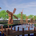 Waterfront Landscape With Wooden Bridges Windmills Green Trees And Calm Water