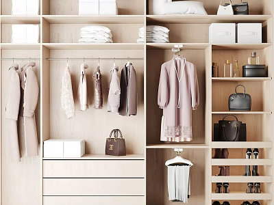 Stylish Light Wooden Wardrobe With Spacious Storage For Neatly Placed Clothes Bags Shoes And Accessories 3d model