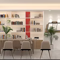Cultural Center With Lighthouse Library Flowing Light Café Bookshelves Tables Chairs And Plants