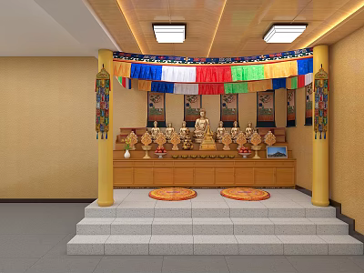Traditional Buddhist Shrine Cabinet With Colorful Banners Decorative Pillars Buddha Statues Offerings And Stone Steps 3d model