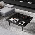 Modern gray L shaped sofa coffee table combination with black marble wall and large windows 3d model