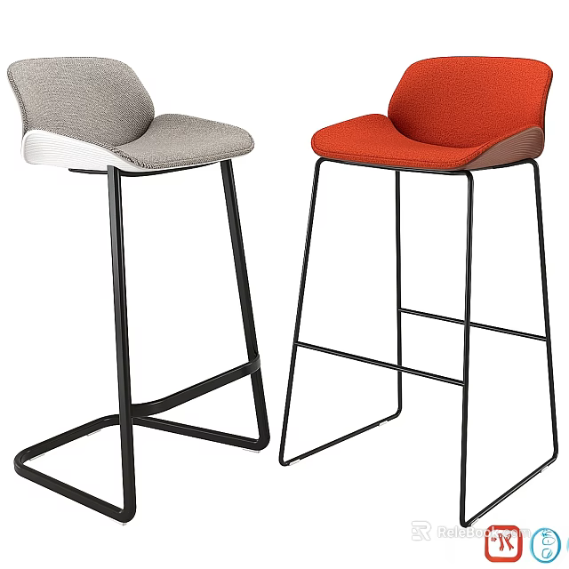 Modern Bar Stools With Gray And Orange Fabric Seats And Black Metal Frames 3d model 