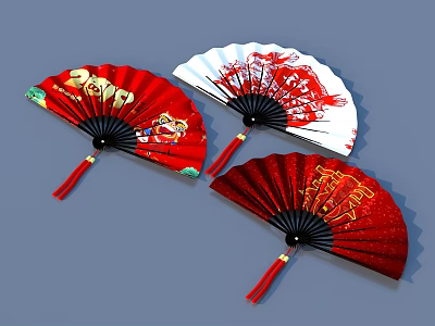 Traditional Chinese Handheld Fans With Red And White Decorative Patterns And Characters 3d model