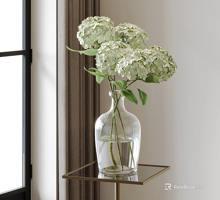 Clear Glass Vase With White Hydrangea Flowers On Metal Table Near Window 3d model 