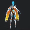 Biomechanical Character With Blue Hair White Blue Orange Winged Armor Front Back Views