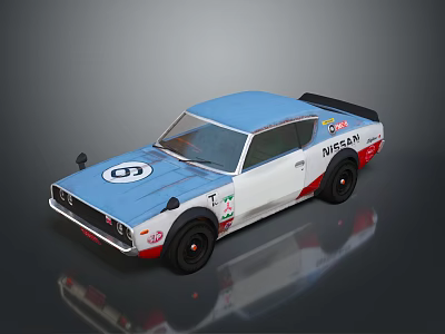 Vintage Blue And White Race Car With DUNLOP Logo Rear Spoiler And Alloy Wheels 3d model