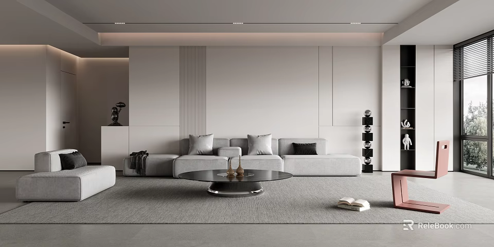 Modern Living Room Interior With Gray Sofa Round Coffee Table Area Rug And Decorative Bookshelf 3d model 