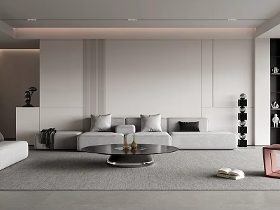 Modern Living Room Interior With Gray Sofa Round Coffee Table Area Rug And Decorative Bookshelf 3d model
