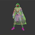 Hooded Cloaked White Armored Character in Standing Pose with Gray Gradient Background and Reflective Floor