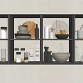 Organized Kitchen Shelves With Various Kitchenware Bowls Plates And Jars