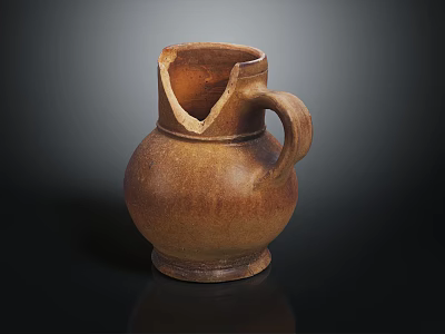 Vintage Rustic Brown Clay Jug Featuring Broken Spout And Handle 3d model