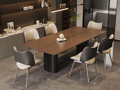 Modern Open Dining Space With Long Wooden Table Upholstered Chairs And Marble Countertop 3d model
