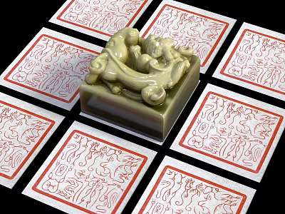 Exquisite Jade Mythical Beast Sculpture Carving Surrounded by Red Patterned Papers with Intricate Designs 3d model
