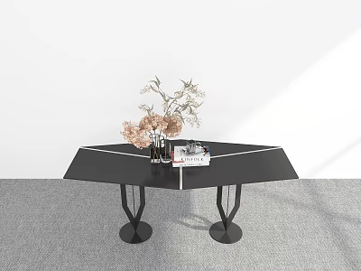 Black Modern Dining Table with Pink Flowers Vase and Books Geometric Legs Minimalist Interior 3d model