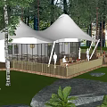 Scenic Camping Site With White Tents Wooden Deck Natural Stream Surrounded By Trees