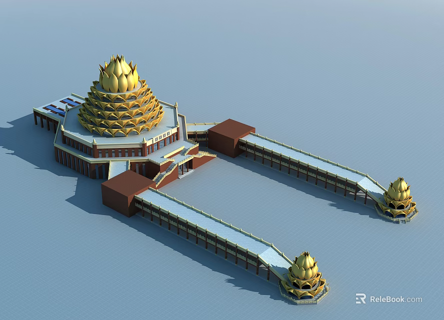 Ancient Architecture With Golden Lotus Roof Long Corridors And Small Towers 3d model 