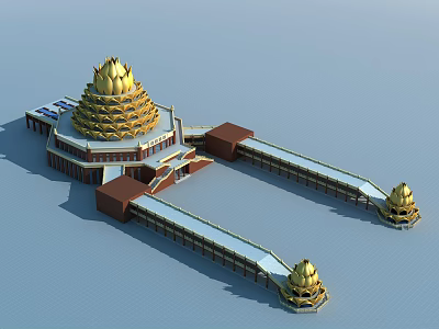 Ancient Architecture With Golden Lotus Roof Long Corridors And Small Towers 3d model