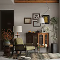 Cozy Beige Lounge Chair In Living Room With Walnut Cabinet Framed Artworks And Floor Lamp
