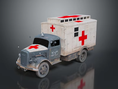 Vintage Ambulance With Gray And White Body Red Cross Symbols Roof Lights And Side Windows 3d model