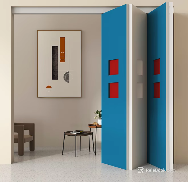 Blue Folding Doors With Red Squares In Modern Interior Design Space 3d model 