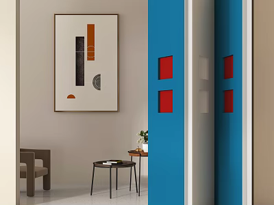 Blue Folding Doors With Red Squares In Modern Interior Design Space 3d model