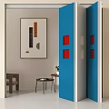 Blue Folding Doors With Red Squares In Modern Interior Design Space 3d model