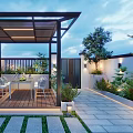 Modern Courtyard Garden With Pergola Wooden Deck And Plants