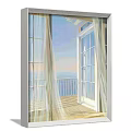 Open Door To Balcony With Railing Sea View Sunlight Through White Curtains Blue Walls