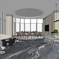 Modern Private Dining Room Interior With Large Windows Round Table And City View Sofa 3d model