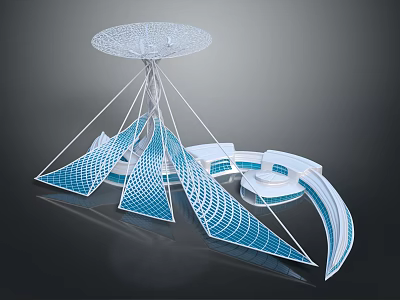 Cartoon Scene With Modern Architectural Structure Blue And White Net Like Top And Curved Elements 3d model