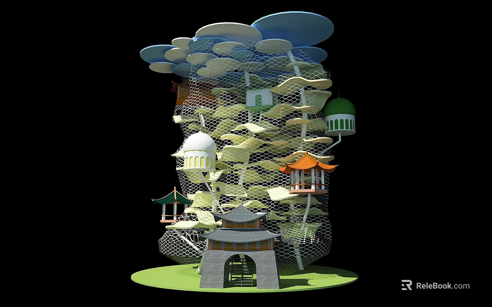 Tree Shaped Multi Level Children's Playground With Colorful Pavilions And Netted Climbing Structures 3d model 