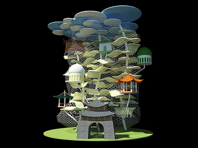 Tree Shaped Multi Level Children's Playground With Colorful Pavilions And Netted Climbing Structures 3d model