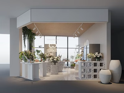Bright Flower Shop Interior With Fresh Flowers Green Plants Display Tables Large Windows And Wooden Ceiling 3d model