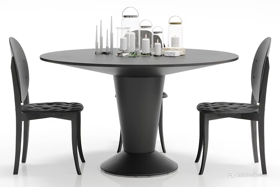 Modern Round Dining Table Set With Pedestal Base Black Chairs And Decorative Candles 3d model
