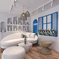 Modern Blue And White Beauty Salon Interior With Balcony Railings Tables Chairs Sofa And Chandeliers