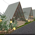Garden Landscape with Triangular Tent Like Structures Glass Walls Gravel Path and Decorative Lights