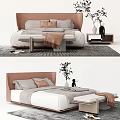 Modern Double Bed Interior With Leather Headboard Gray Pillows Brown Blanket And Side Table Plants