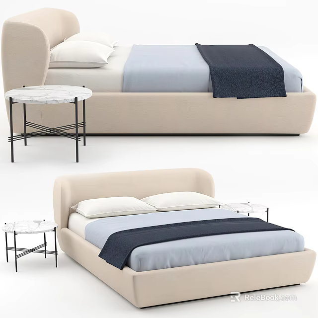 Modern Upholstered Double Bed with Beige Frame and Blue Bedding paired with Marble Top Nightstand 3d model 