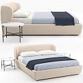 Modern Upholstered Double Bed with Beige Frame and Blue Bedding paired with Marble Top Nightstand
