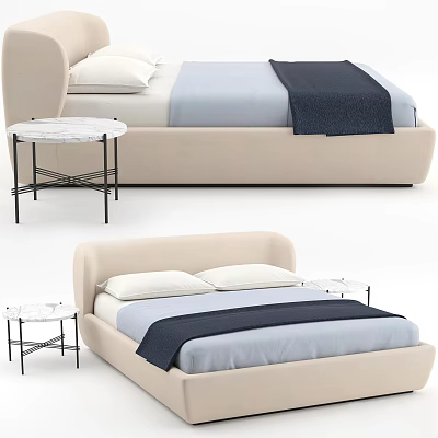 Modern Upholstered Double Bed with Beige Frame and Blue Bedding paired with Marble Top Nightstand 3d model