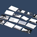Multiple Open Books Magazines Featuring Black White Photos And Text Content Layout Design 3d model